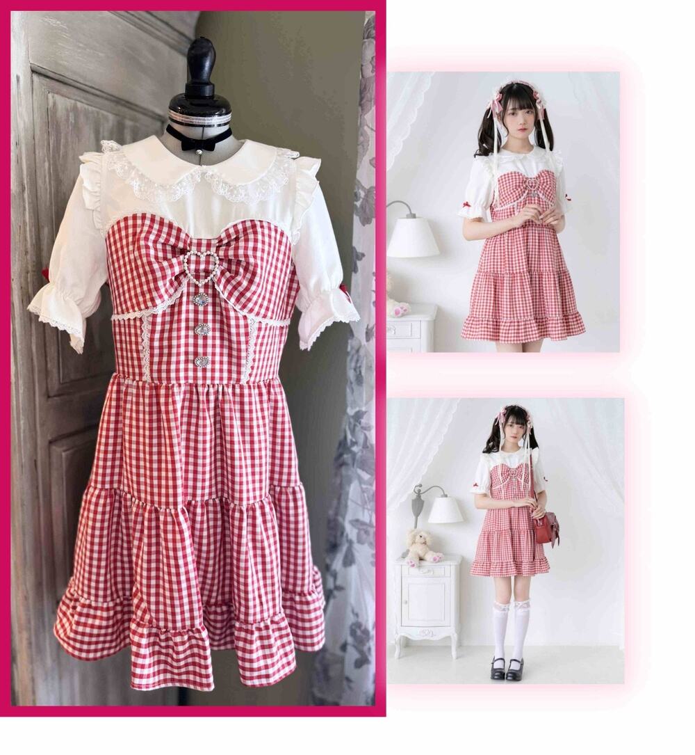 DearMyLove Round-neck Bustier Dress Gingham Red Bijoux Kawaii Jirai Kei Japan